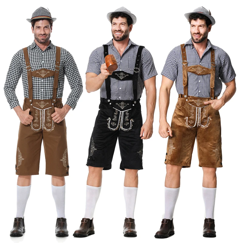 Bavarian Plaid Shirt and Suspenders Lederhosen Cosplay Costume Bavarian Oktoberfest Costume Male Oktoberfest Costumes 3pcs Set