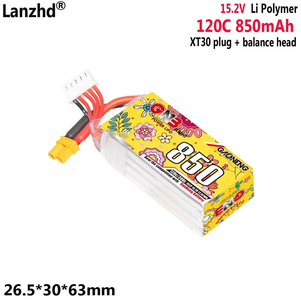 

850mAh 4S1P 15.2V 120C FPV high-voltage lithium battery suitable for 2-2.5-inch model unmanned aerial vehicles Batteries