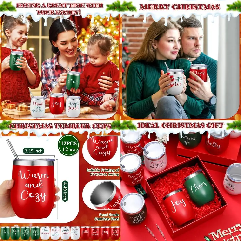 

12-Piece Christmas Stemless Wine Tumblers Set, 12 Oz Stainless Steel Insulated Mugs with Lids and Straws for Holiday Travel Gift