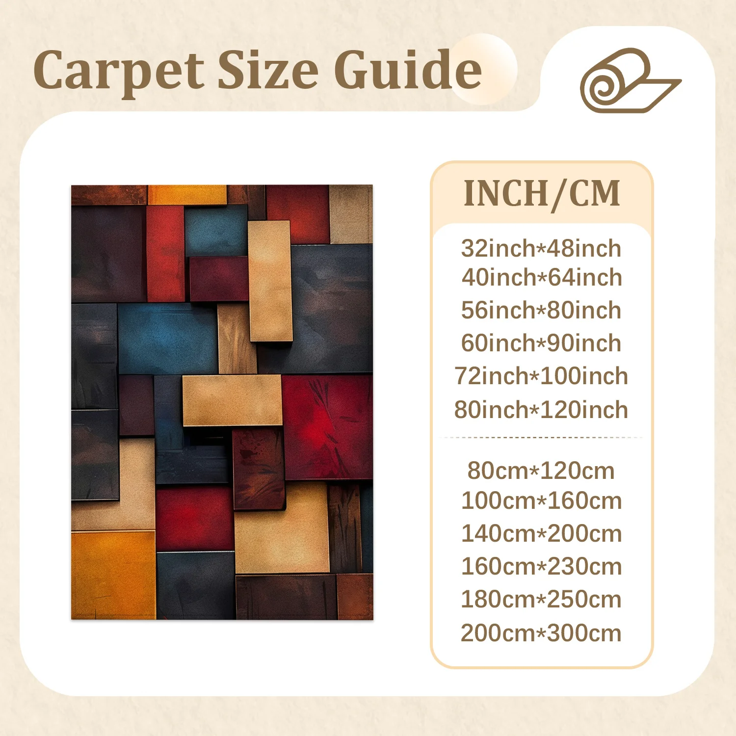 Large Indoor Area Rug, Soft Velvet Low Pile with Non-slip Dotted Backing, Machine Washable, Abstract Geometric Block Pattern in Warm Red, Amber & Deep Blue, Ideal for Living Room, Bedroom Floor Decor