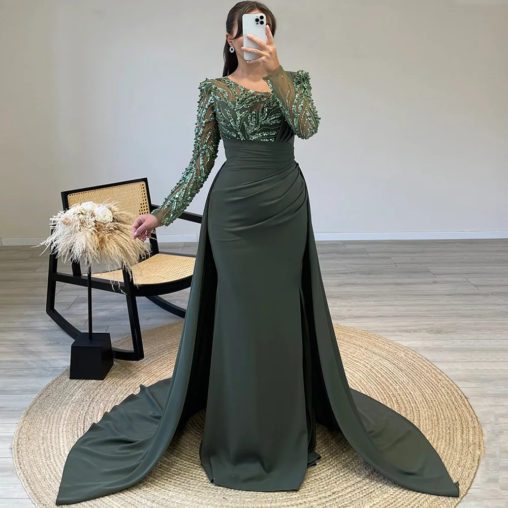 Fashion Mermaid Evening Dress with Train Customized Long Sleeves Beading Sequined Long Prom Gown Dubai Party Dresses image 5