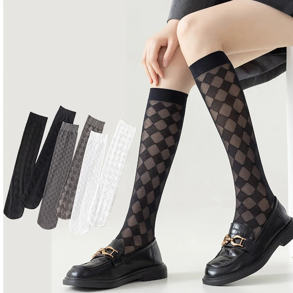 

Calf Socks Women's Summer Thin Black Stockings JK Socks Long Tube Stockings Diamond-Shaped British Style Half-Length Tube Socks