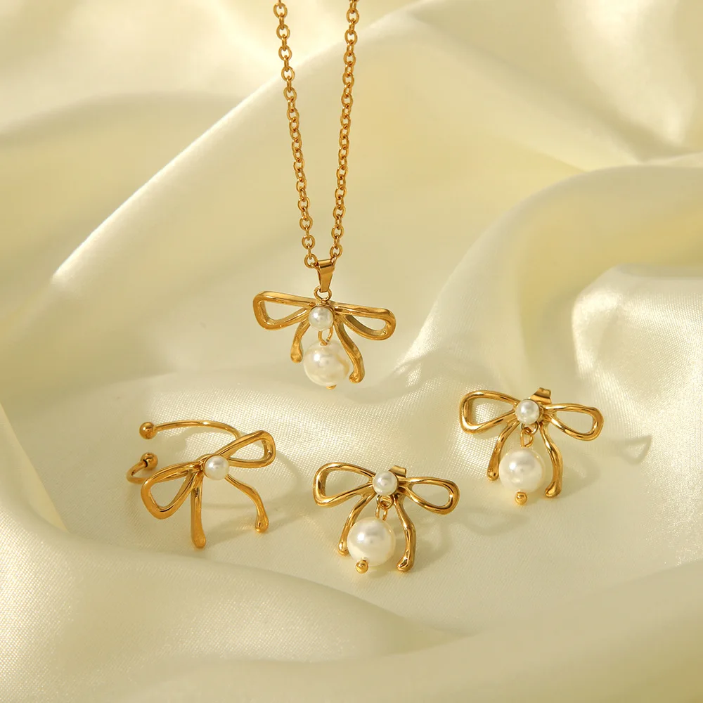 Neue INS Mode Vergoldet Edelstahl Bogen Perle Zirkon Anhänger Ohrringe Halskette Set Für Frauen Schmuck Set
