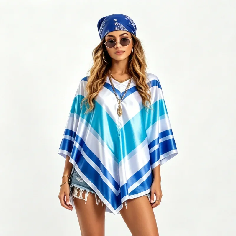 1980s Retro Disco Costume Cape for Women Men Blue Yellow Gradient Striped Satin Poncho Halloween 70s 80s Hippie Cosplay Cloak - view 4