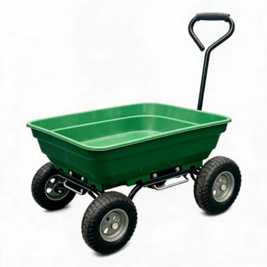 Garden Cart Trolley Heavy Duty 4 Wheel Utility Wagon, Iron and Plastic Dump Cart with Padded Handle for Lawn Yard Outdoor, Gree
