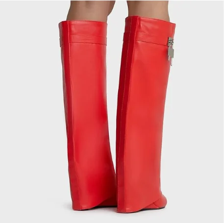 2024 Fashion Shark Lock Women Boots Wide-calf Wedge Heel 10.5 Knee High Boot Motorcycle Leather White Red Boots Shoes