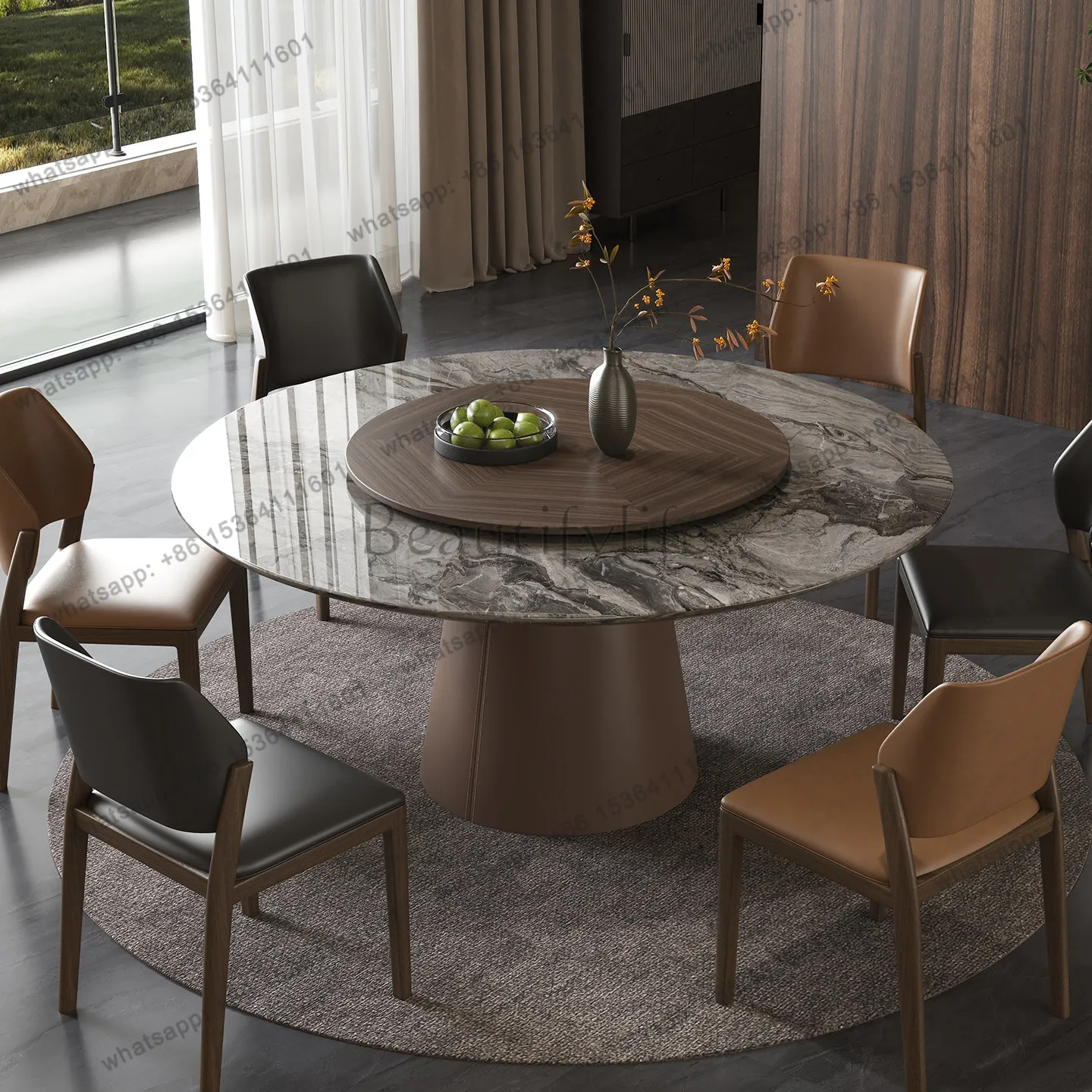 

High-end natural Venetian brown marble dining table and chairs modern home