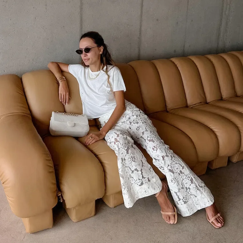 White Lace Flower Jacquard Sheer Flared Trousers Woman Hollow Out Pants Vintage Trouser Y2k Holiday Vacation Street 2025 Summer