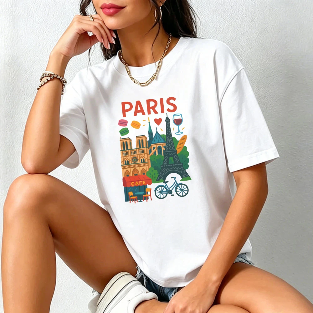 Paris Eiffel Tower Notre-Dame Cathedral Graphic Tee French Cafe Wine Macaron Travel Souvenir Unisex Shirt  Casual Cotton Tees