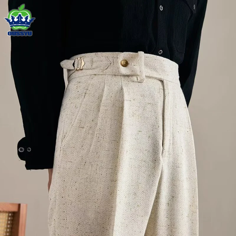 

Classics Italian Naples Style Men's Suit Pants High Waisted Straight Elegant Banquet Formal Business Imitation Linen Trousers