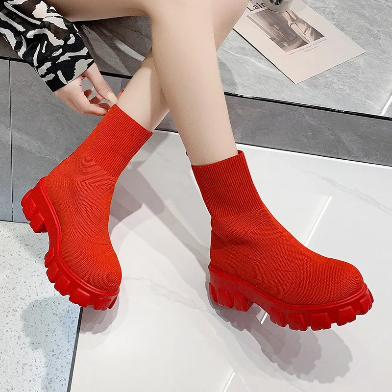 

Women Boots Short Knitting Platform Thick Soles Casual Boots Autumn Winter Women Ankle Socks Boots Heels Botas Mujer