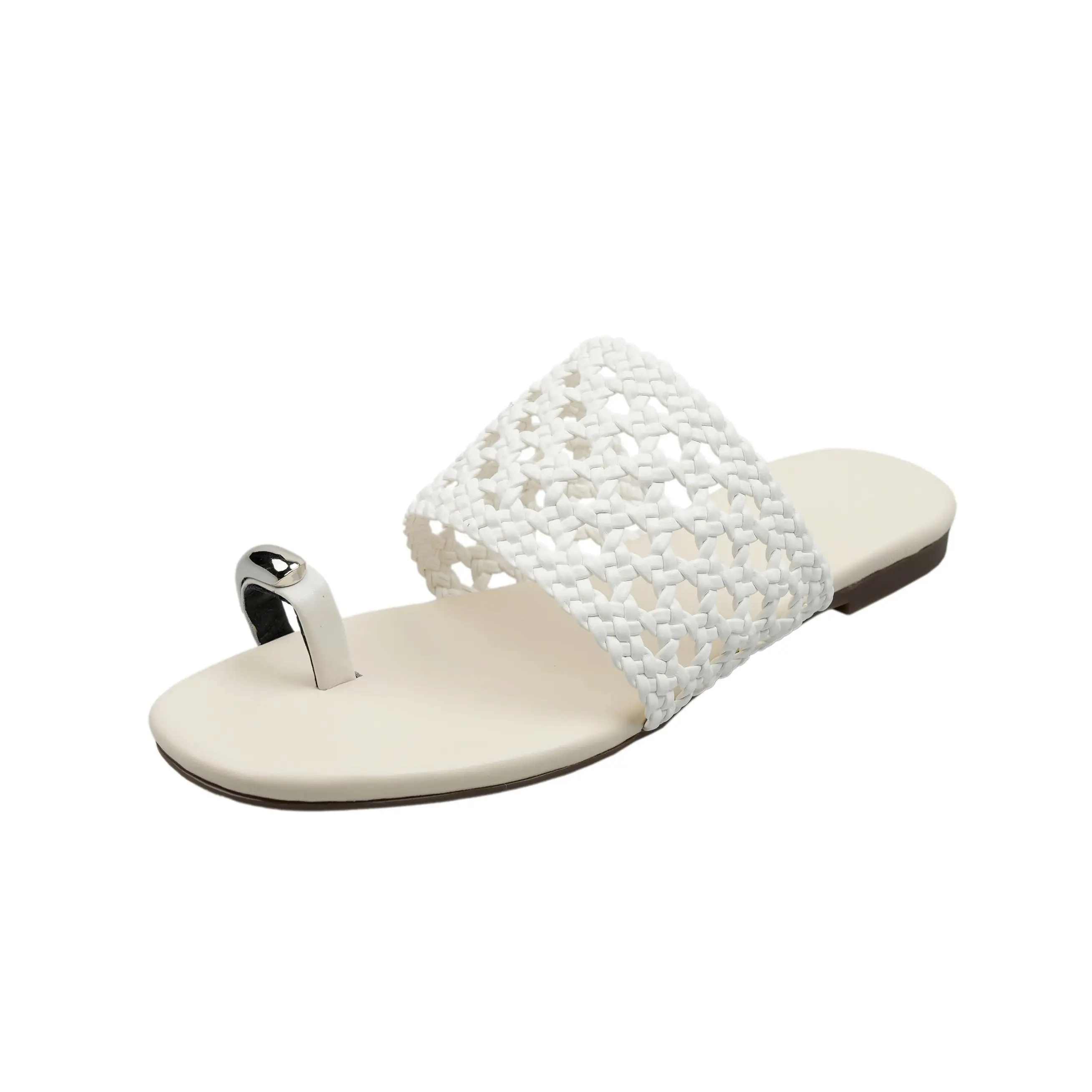 Zomervakantiestijl Microfiber weven Woordslippers Ronde holle platte schoenen Pinch toe strand Coole pantoffels