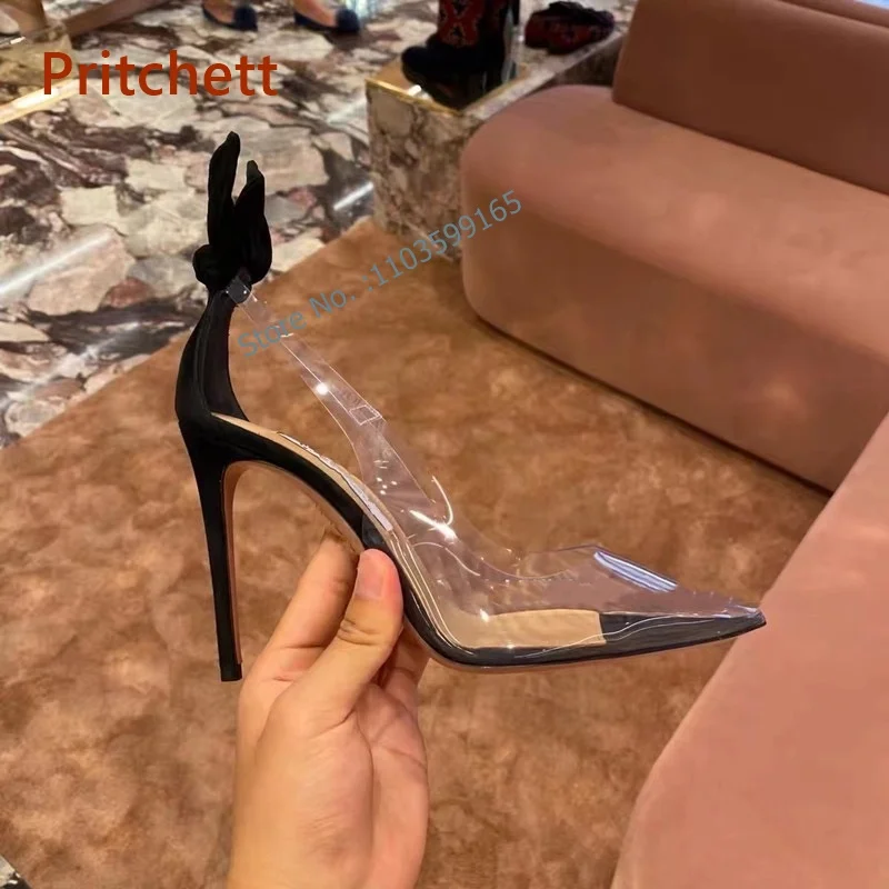 

Mixed Color Transparent Black Pumps Real Leather Pointy Toe Thin Heels Sandals Shallow Slip On Women's Pumps Summer Sexy