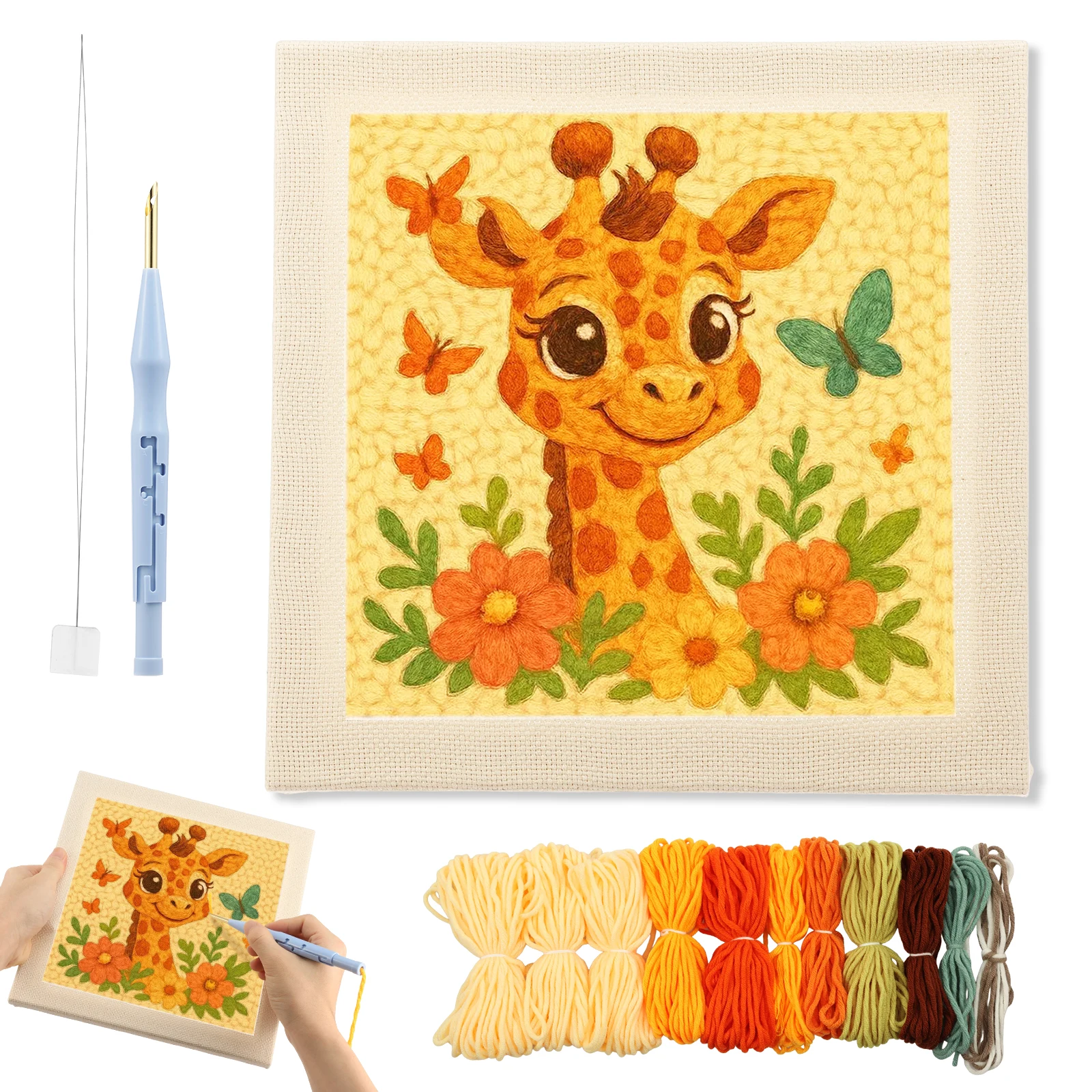 Punch Needle Kit - 動物柄パンチニードル刺繍スターターキット 初心者向けフレーム付き 25x25cm 手芸 ポーキング刺繍 糸絵