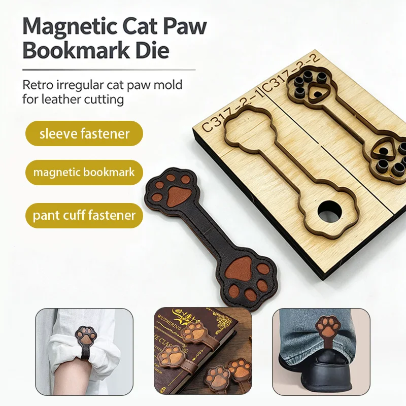 C317 Cat Claw Leather Cutting Mold DIY Handcraft Magnetic Bookmark Sleeve Pants Cuff Tying Band Tool for Leatherworking