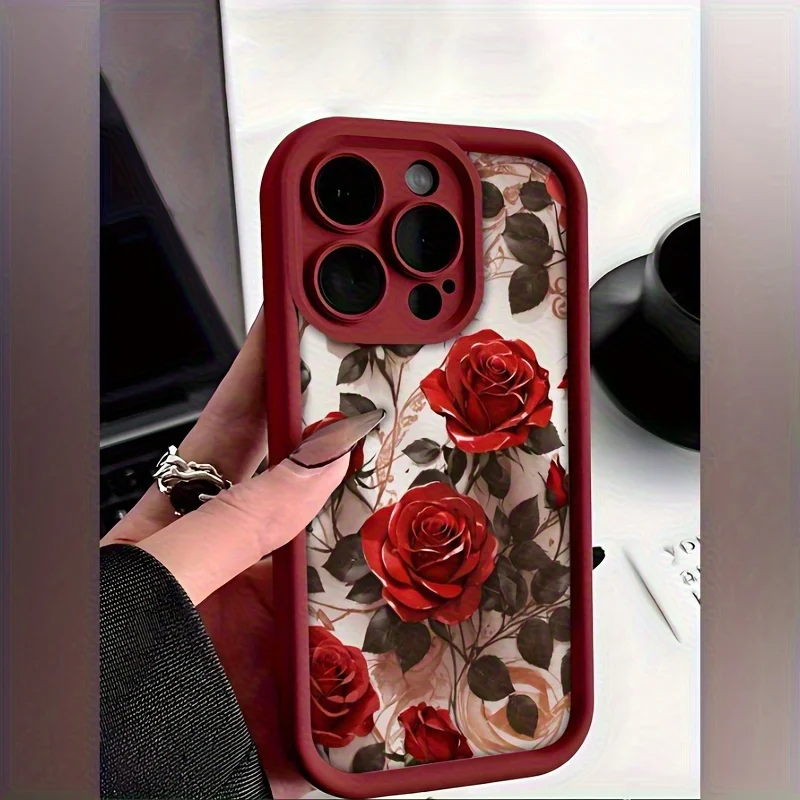 

Red rose pattern phone case for iPhone 16 15 14 13 12 11 Pro/ Max/Plus shock-proof rear cover anti-fingerprint