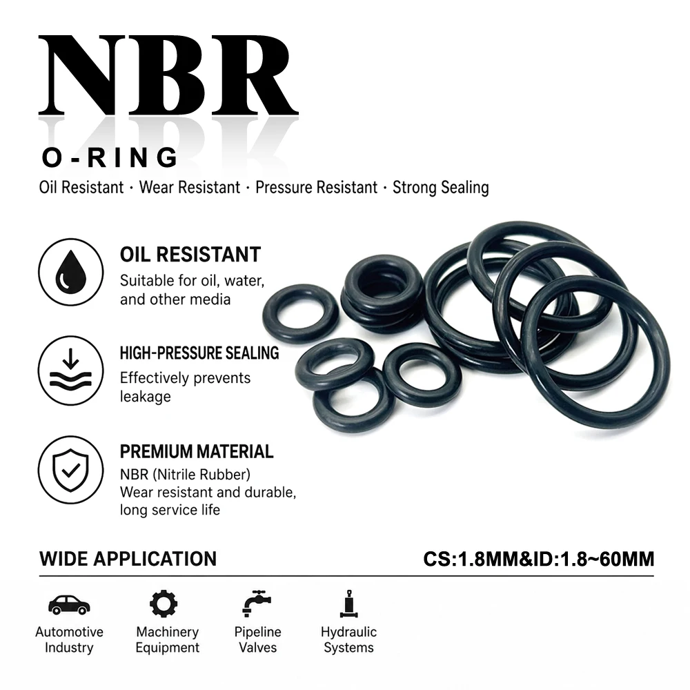 20Pcs NBR Nitrile Rubber O-ring CS 1.8mm ID 1.8mm~60mm Oil Resistant Seal Ring Automotive Hydraulic Valve Pipeline Leak-proof