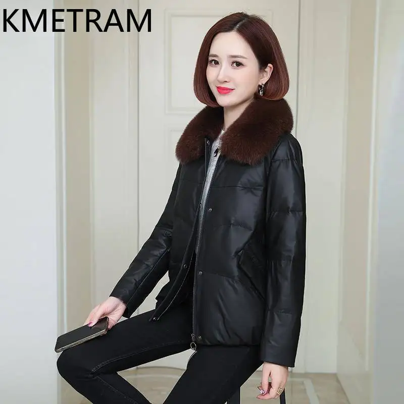 KMETRAM Genuine Sheepskin Down Jackets Women Fox Fur Collar Short Coats Casual Puffer Jacket 2026 Winter Woman Clothing пуховик