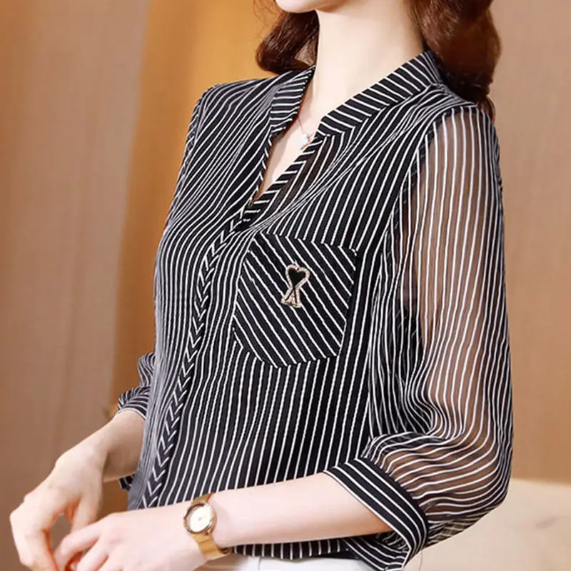 Summer Women 3/4 Sleeve Chiffon Striped Shirts Fashion Loose Office Lady Pullover Blouse Vintage Casual Basic White Black Tops