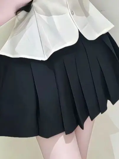 Sweet School Uniform Style Shirt And Skirt Set with Puffy Collar And Waist Cinching Navy Blue New Summer Collection Women