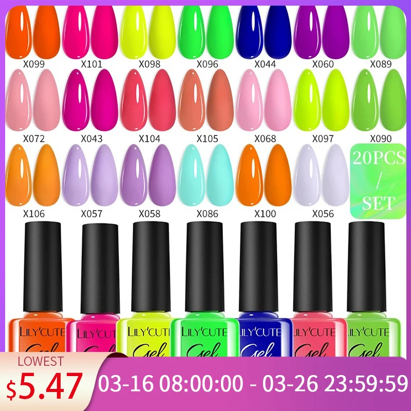 LILYCUTE 20/10Pcs Fluorescent Gel Nail Polish for Manicure Set Glitter Semi Permanent Nail Art LED UV Gel Varnish Nail Supplies