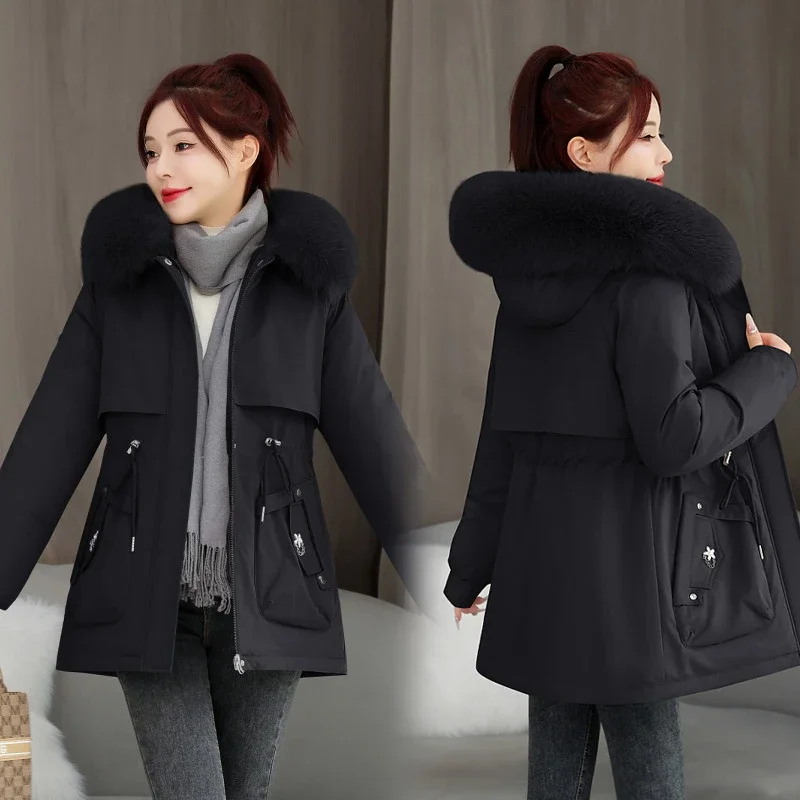 Winter Halflange Vrouwen Parka Dikke Warme Katoenen Gewatteerde Jassen Capuchon Grote Bontkraag Zakken Slanke Trekkoord Uitloper JJ278