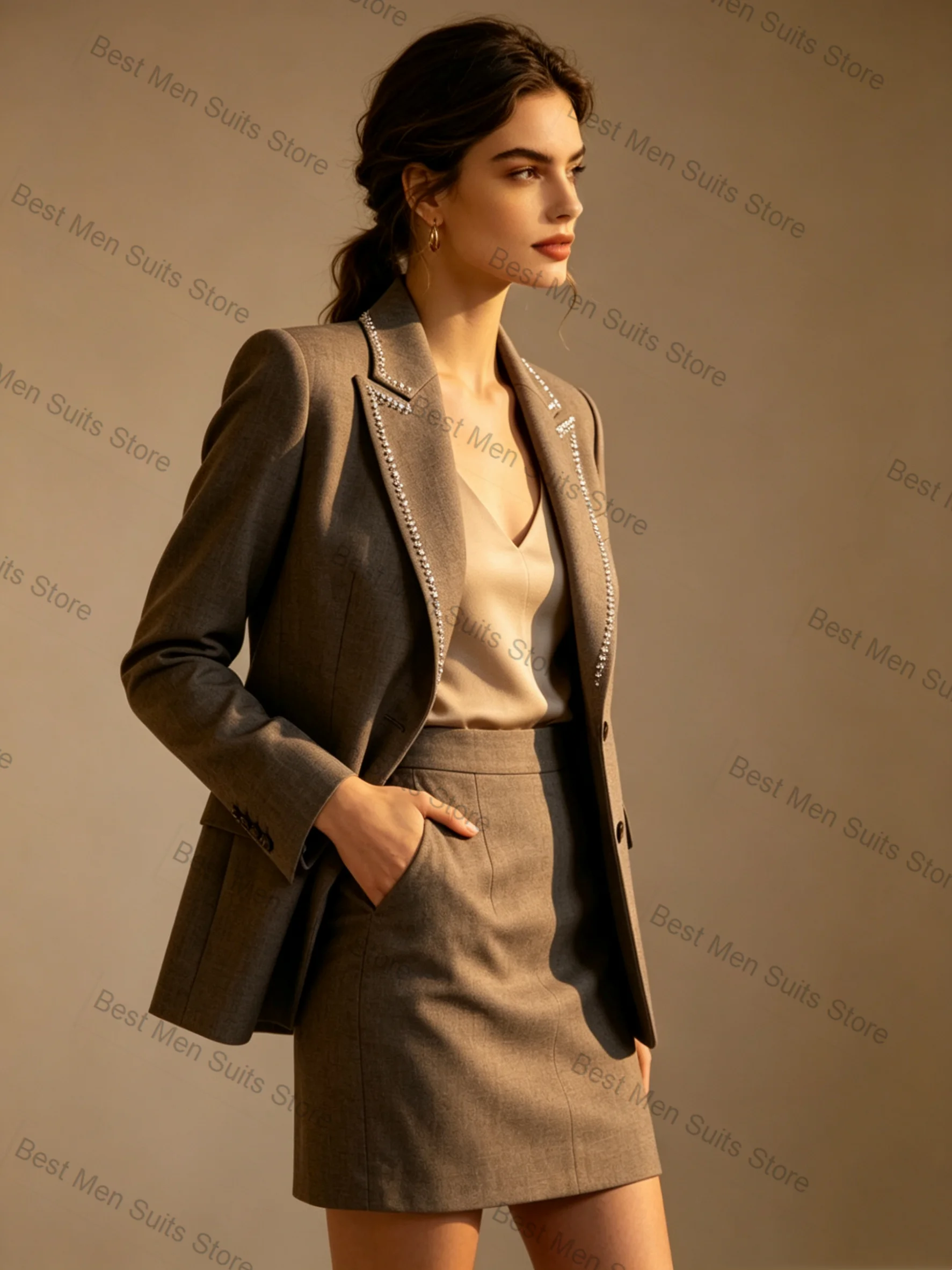Crystals Women Suit Set 2 Pcs Blazer Prom Dress Cotton Formal Office Business Jacket Customized Wedding Tuxedo Guest Coat