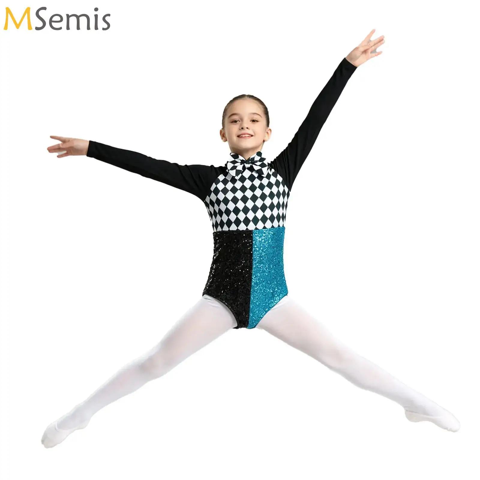 Kids Girls Clown Jumpsuit Costumes Sparkly Rhinestones Halter Sleeveless Plaid Pattern Bodysuit for Gymnastics Ballet Jumpsuit