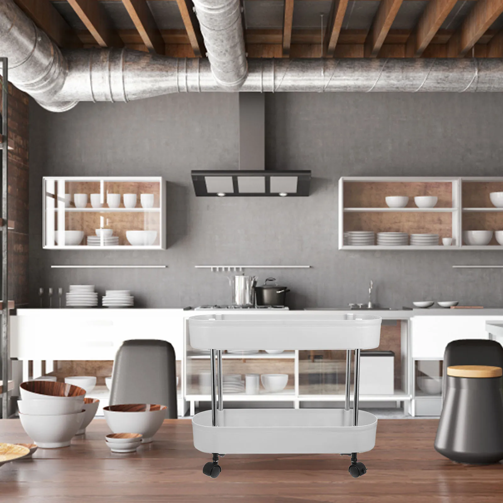 

2-Tier Plastic Storage Trolley Rack Mobile Movable Rolling Cart Multi-Layer Organizer for Kitchen Bathroom Utility