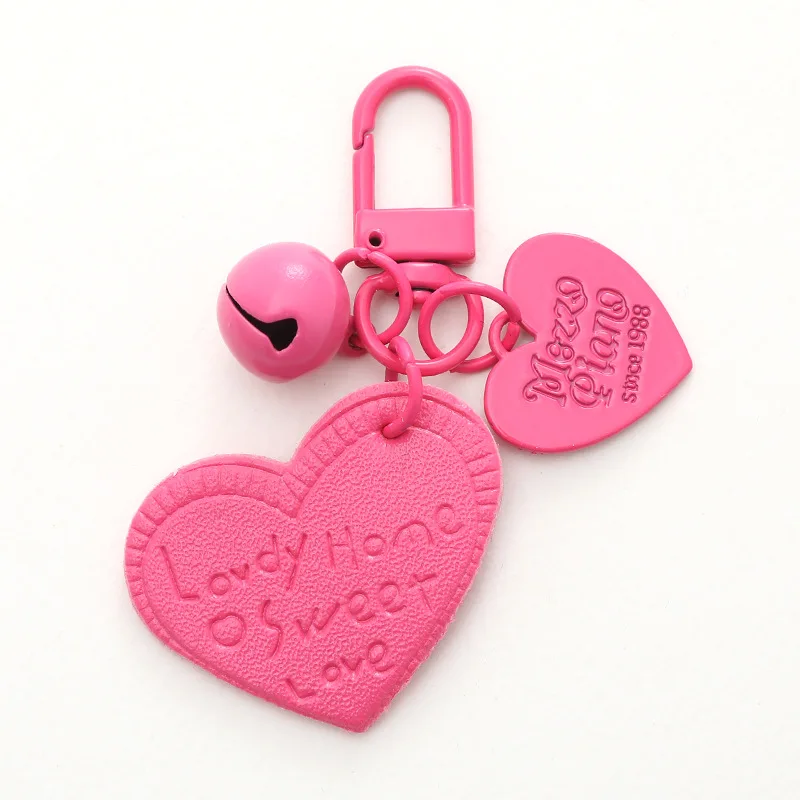 New Candy Colored Love Charms Pendant Leather Heart-shaped Bell Keychain Bag Car Key Chains Jewelry Gift Decoration Accessories