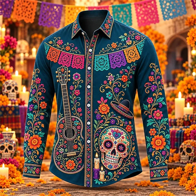 Men's Autumn Long-Sleeve Shirt Vintage Skull Guitar Print Collared Button-Down Stylish Loose Fit Festive Party Streetwear Style