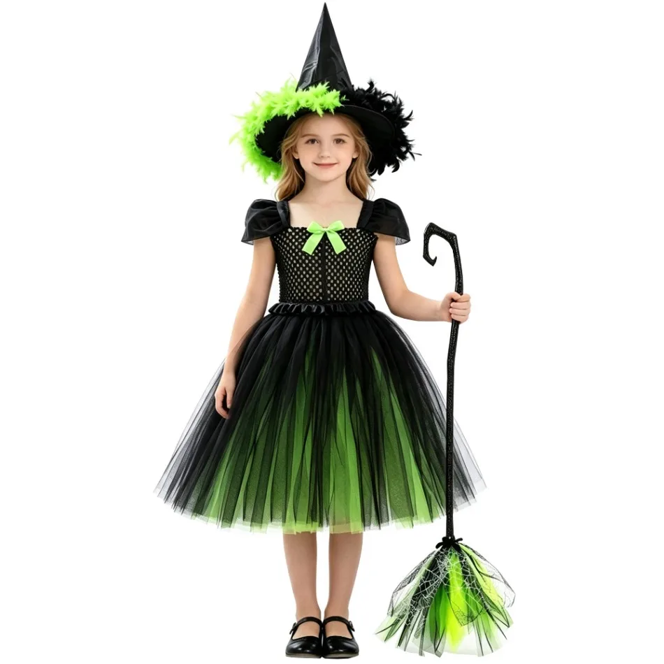 Girls Black Green Glamorous Eye‑Catching Witch Tutu Dress Costume With Witch Hat Broom Kids Halloween Carnival Party Dress ZZ12