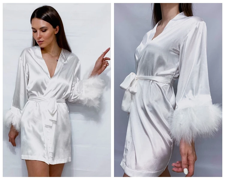 White Feather Robe With Fur Full Sleeves Sleepwear Satin Robes For Women Nightgown Bride Robe Gown Dress Bathrobe Female