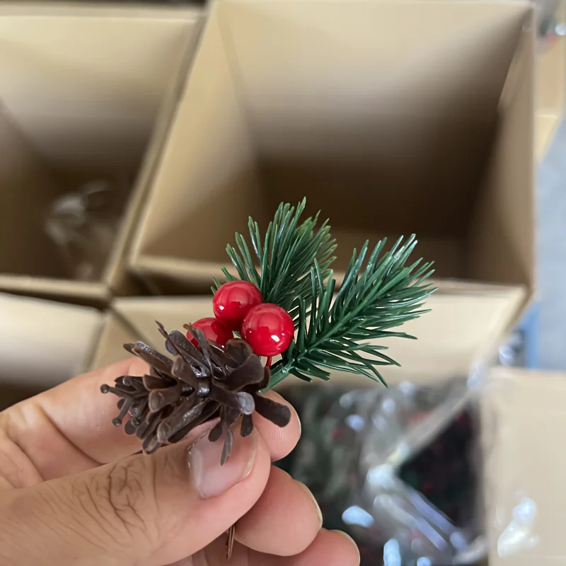 100pcs Red Berry Branches- Realistic Christmas Tree Topper Decorations with Pine- Like Branches, Durable Plastic Berry Garland f