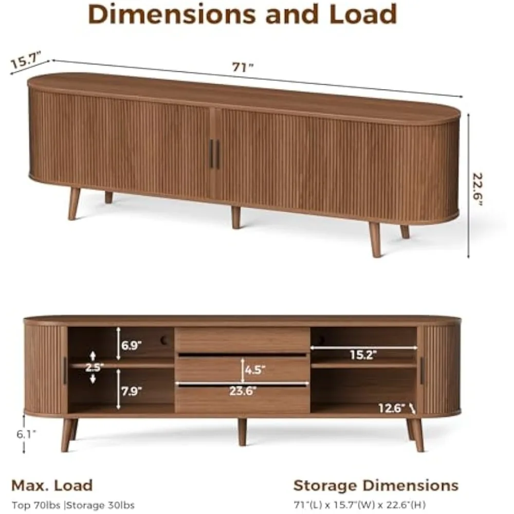 حامل تلفزيون لغرفة المعيشة، مركز ترفيه حديث لمنتصف القرن مقاس 71 بوصة مع حافة منحنية لتلفزيون 55/60/65 بوصة ووحدة تحكم الوسائط
