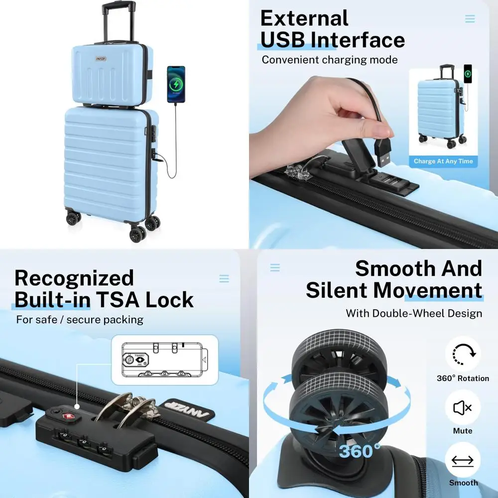

Lightweight Hardside PC ABS Carry-On Luggage Set with USB Port, 21 Suitcase and 14 Mini Cosmetic Case, TSA Approved for Travel