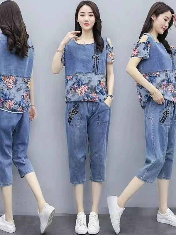 

Summer Fashion Thin Denim Set Short Sleeve Two-Piece Suit for Middle-Aged Mothers Korean Style Loose Fit High Waist Pants