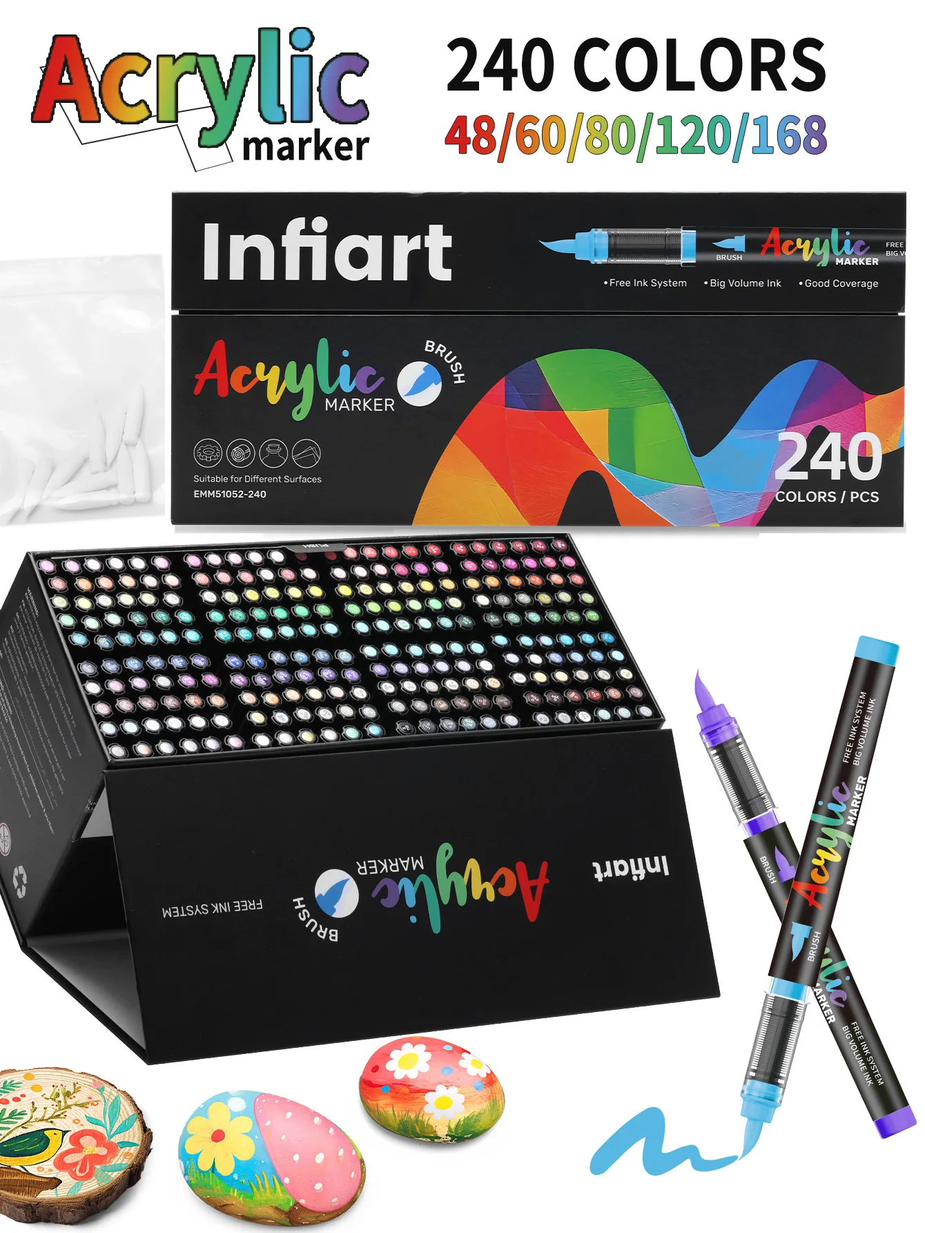 48-168Colors  Acrylic Paint Markers,With Foldable Triangle Storage,Soft Brush Tip for RockPainting,Glass,Stone,Canvas, Ceramic
