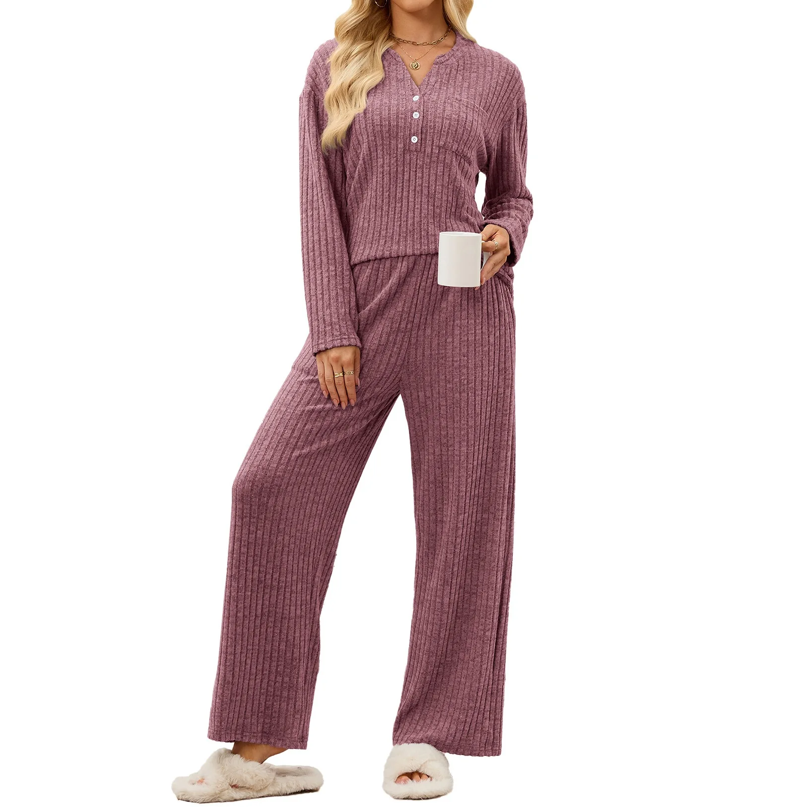 Women's New Autumn Winter V-Neck Ribbed Shirt Wide Leg Pants Set Soft Knit Long Sleeve Loose Casual Set Home Pajama Set