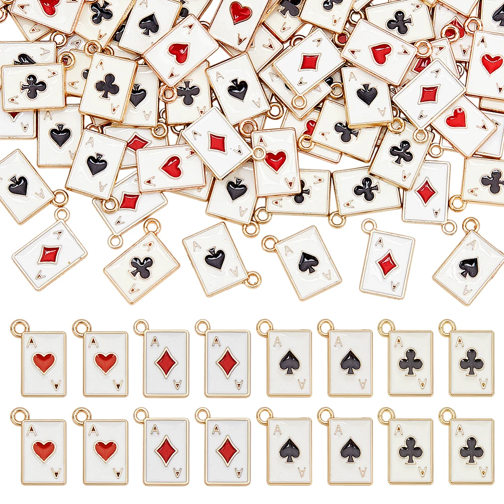 100Pcs Enamel Blocks Plum Blossoms Spades Hearts Poker Card Charms Playing Card Pendants Metal Ace of Hearts Charm for Jewelry