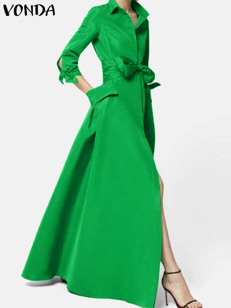 

Women Maxi Sundress VONDA 2024 Summer Bohemian Dress Solid Color Casual Party Vintage Half Sleeve Long Vestido Belted Streetwear