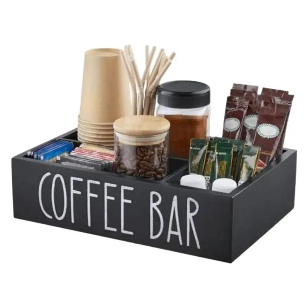Retro Style Wooden Coffee Bar Organizer 4 Compartments Creative Tea&Coffee Storage Box Household Multifunction