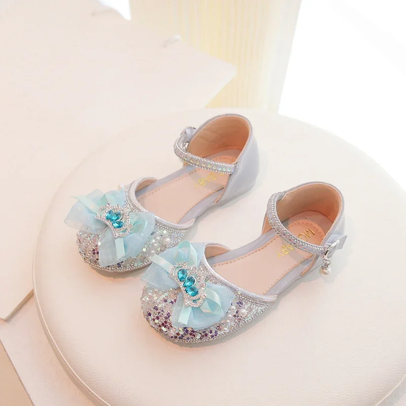 2024 Summer Girls Sandals Bling Star Sequins Princess Shoes Kids Party Rhinestone Crown Prom Shoes Girls Pearl Footwear