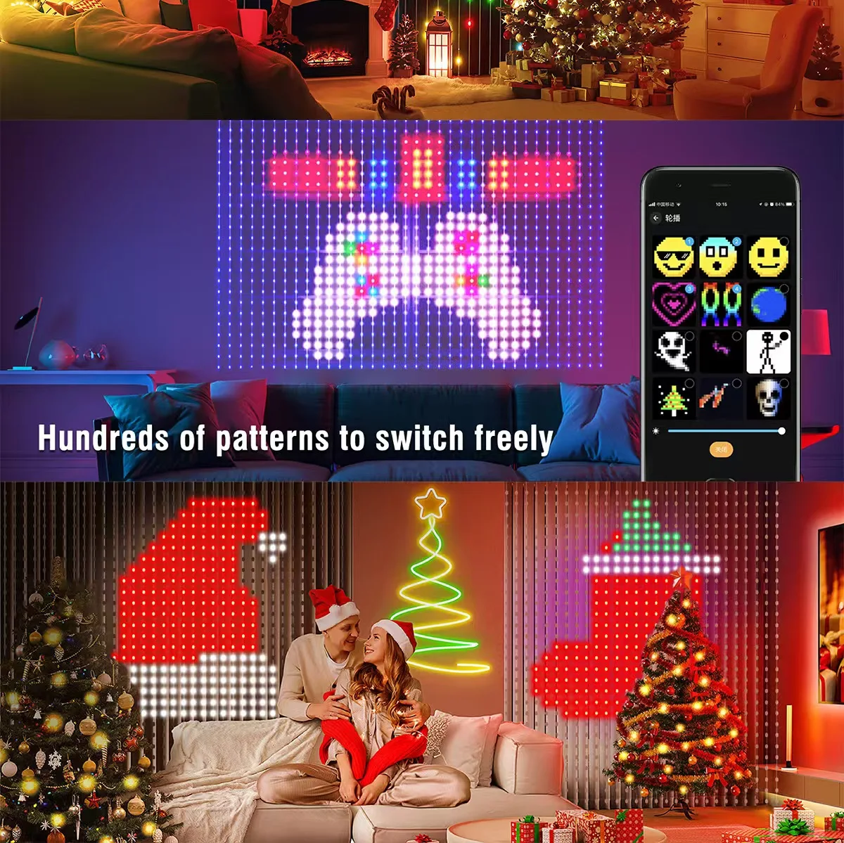 Smart Curtain Lights Bluetooth App LED String RGB Fairy Lights DIY Music Change Display for Window Bedroom Decoration