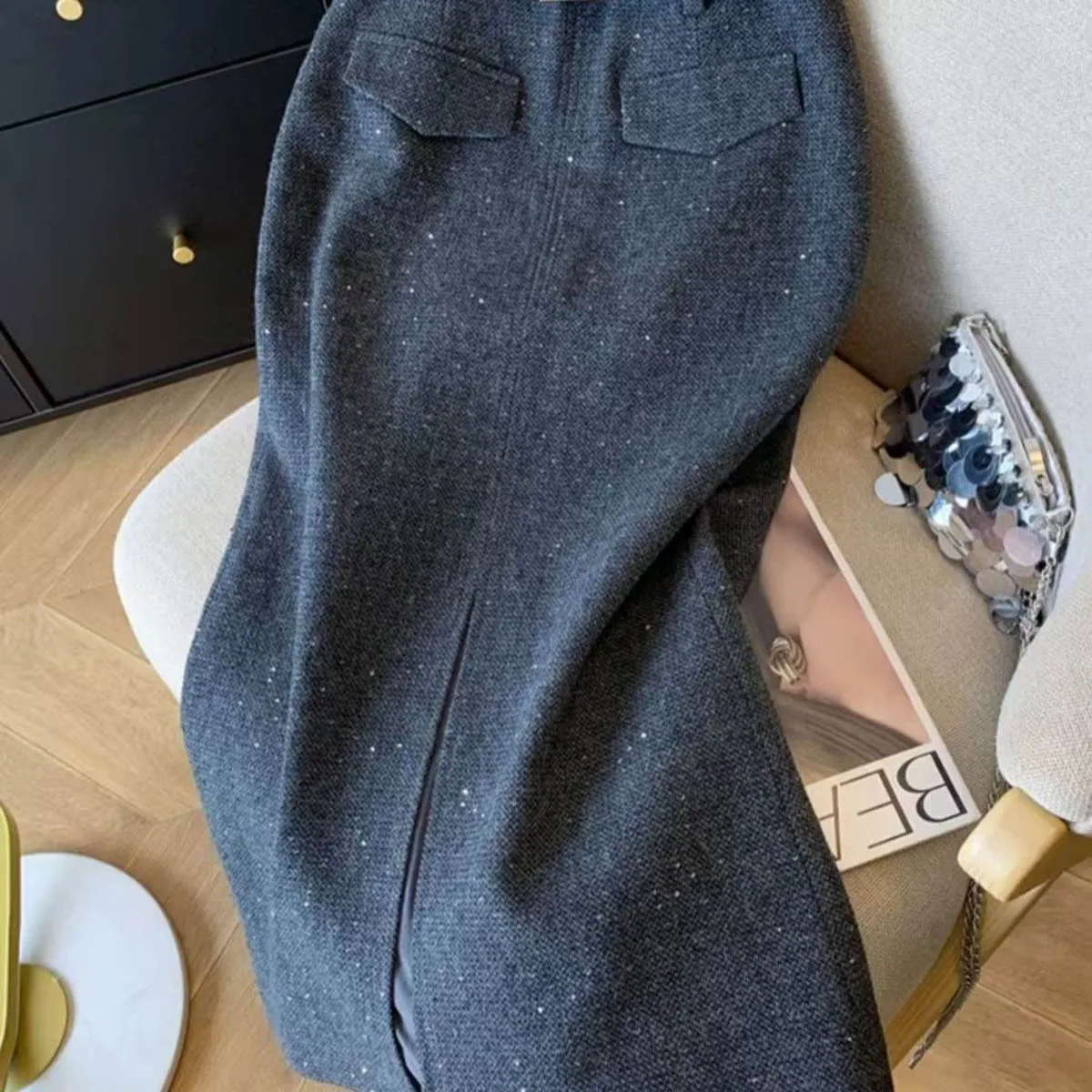 Grey Design Sense Sequin Half Skirt for Women Autumn Winter Retro Woolen Split Long Skirts High Slim Slim Midskirts New