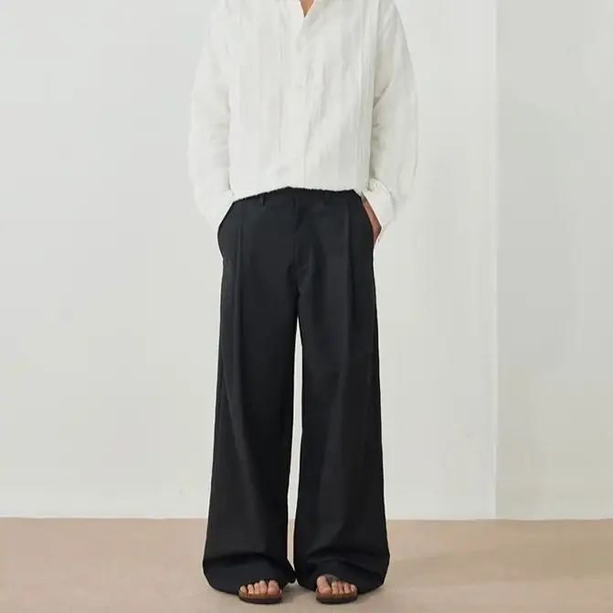 Calças pretas resistentes a rugas para homens e mulheres relaxadas pernas largas versáteis calças casuais de perna reta com bolsos macios