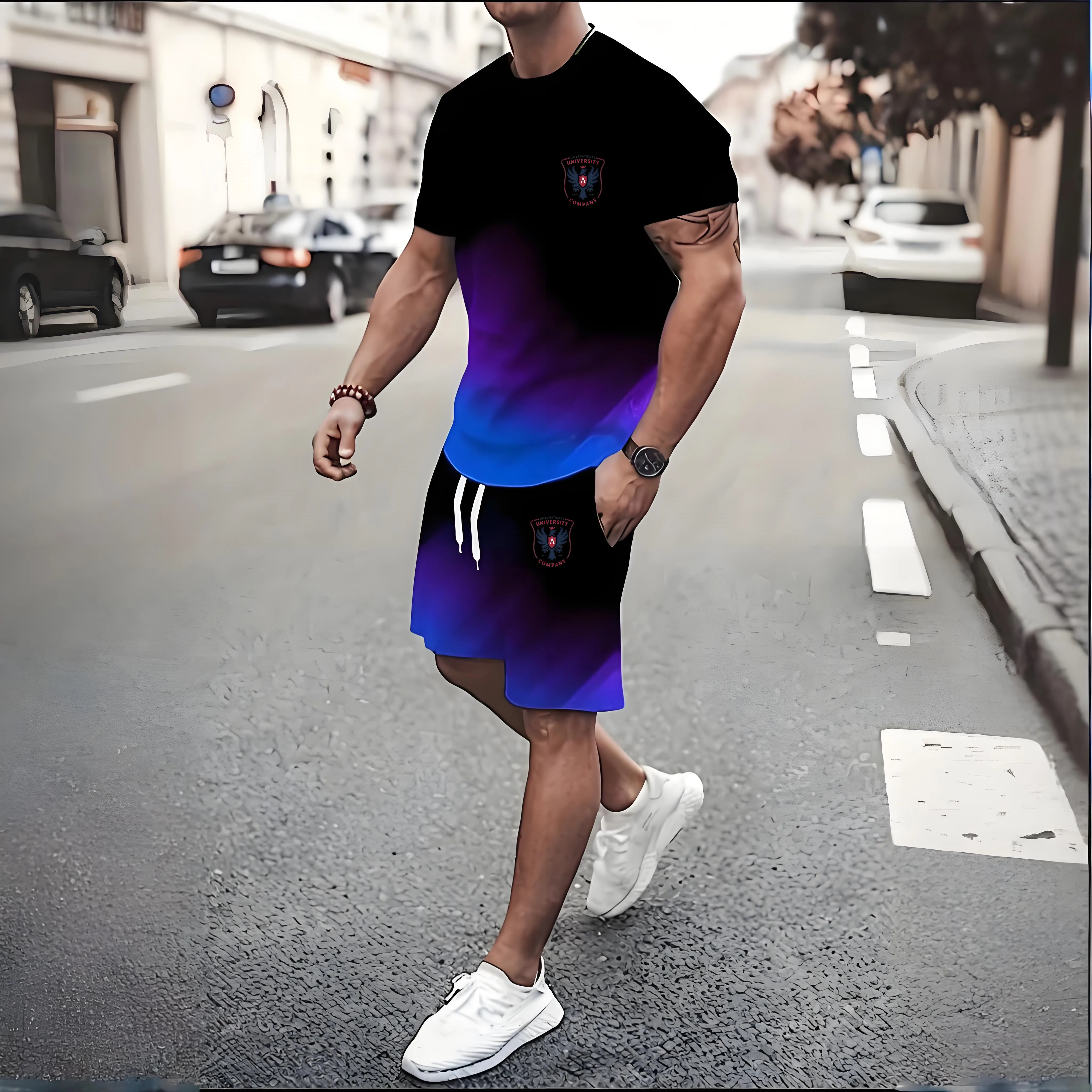 Roupas de fitness impressão masculina conjunto de roupas esportivas de secagem rápida verão camiseta de manga curta manhã correndo basquete sala de treinamento sh