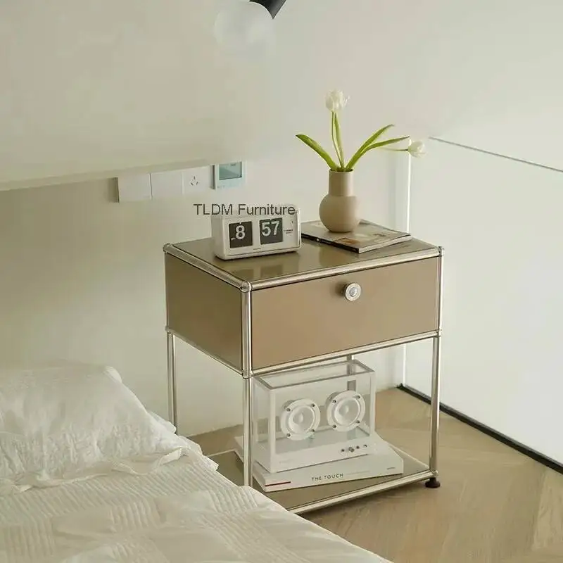 Bedside Table Modular Combination Bedside Table Stainless Steel Frame Wooden Furniture Bedroom Storage Sofa Side Cabinet