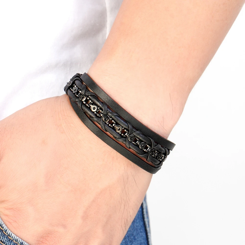 TYO Trendy Multilayer Leather Mens Bracelet Stainless Steel Magnetic Buckle Chain Bangles Jewelry Gift Wholesale Dropshipping