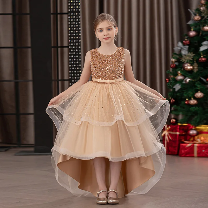 Girl Princess Dress Sequins Trailing Formal Evening Dresses Girls Birthday Party Piano Perform Gown Teenagers Graduation Dress
